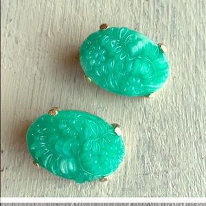 jade cut glass costume vintage clip earrings